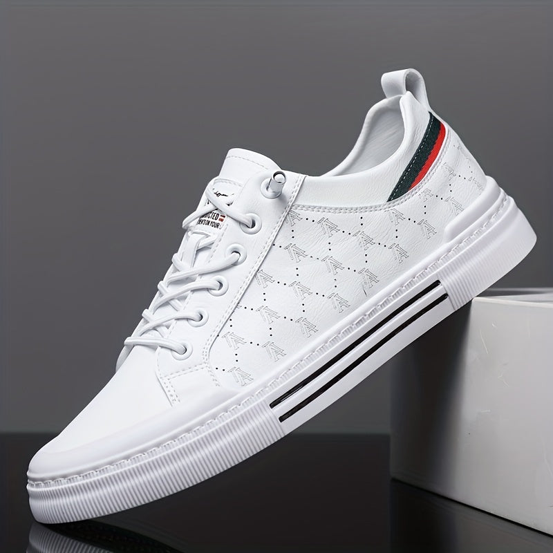Men's Patterned PU Leather Skate Shoes With Good Grip, Breathable Lace-up Sneakers